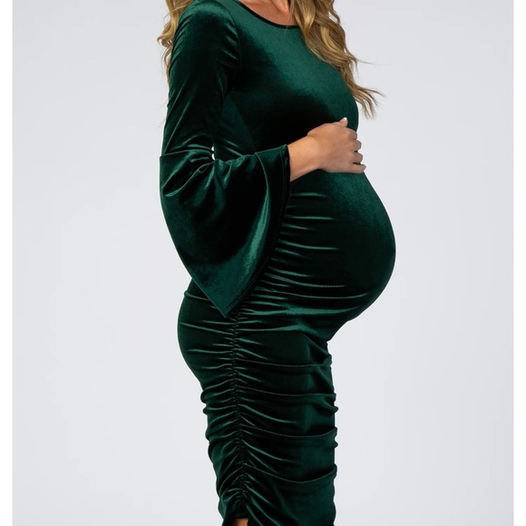 Forest Green Velvet Ruched Bell Sleeve Maternity Dress - Picture 5 of 7